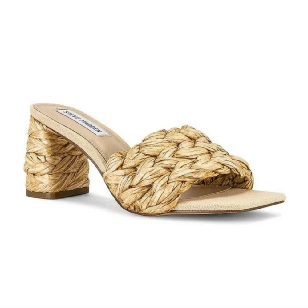 STEVE MADDEN Laveda Woven Natural Slip On Sandals Block Heel Square Toe Sz 6.5M
